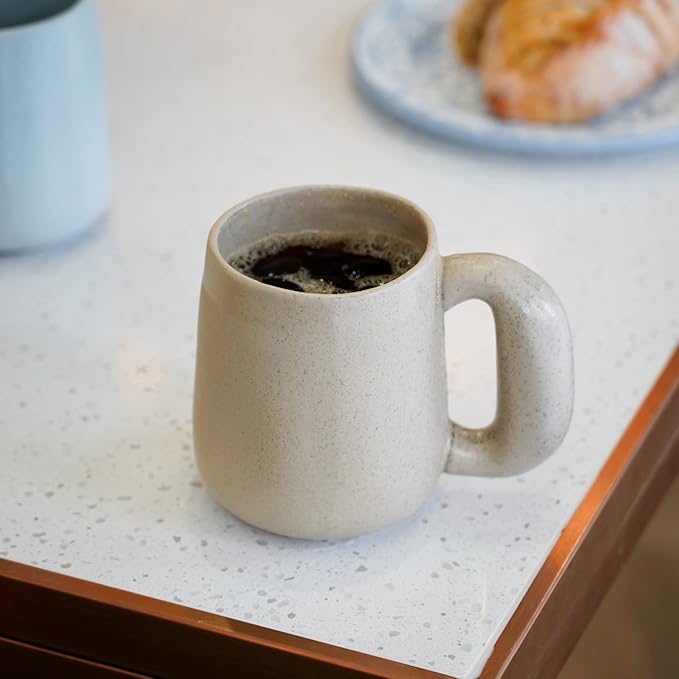 Uaral Large Coffee Mugs Cream Stoneware Mug Set with Jumbo Handle for Cocoa,Milk,Latte or Tea,Handmade Free-Form Edge Design,20oz,Set of 2, (Cream)