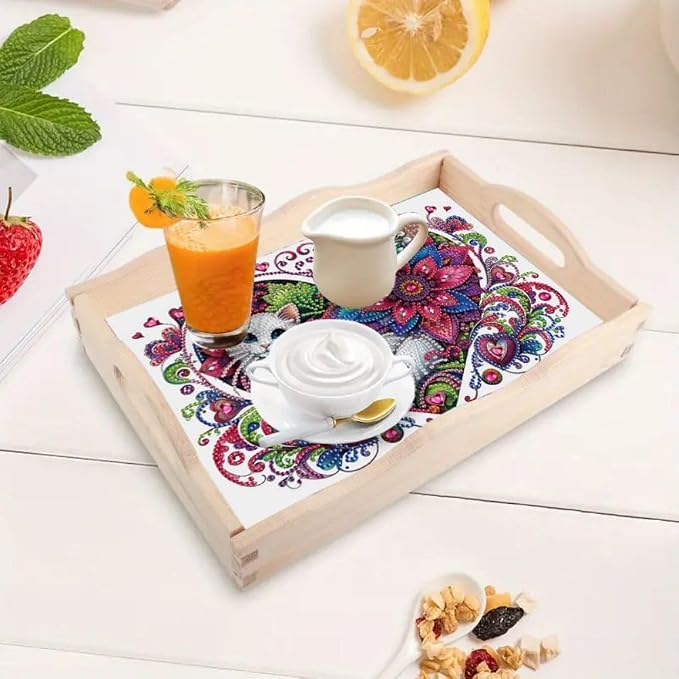 DIY Diamond Serving Tray Rectangular Breakfast Tray with Handle Handmade Diamond Art Painting Wooden Tray for Dinner Plate Coffee Room Living Home Organizer-Cat01