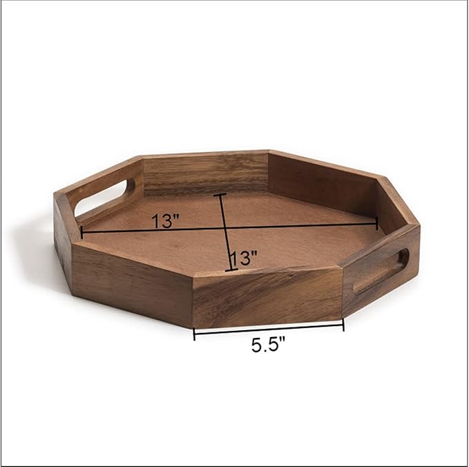 Acacia Wood Octagon Serving Tray – 13” Rustic Wooden Tray for Coffee Table, Kitchen or Home Decor