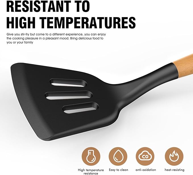 Silicone Cooking Utensils Set - AVGPD Silicone Kitchen Utensils for Cooking Wooden Handles, 446°F Heat Resistant Kitchen Utensil Spatula Sets, Gadgets for Non-Stick Cookware BPA FREE (Black)