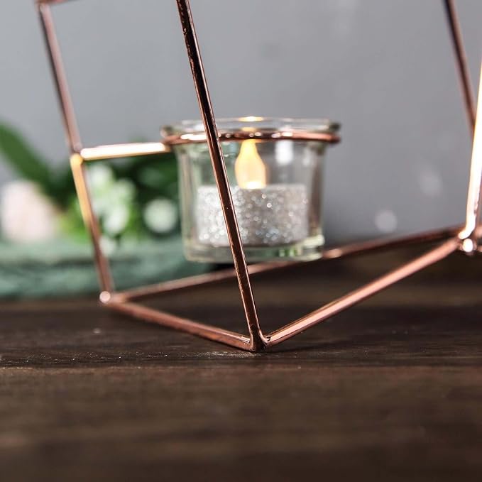Efavormart 9" Rose Gold Geometric Candle Holder Set 2 Metal Geometric Centerpieces Joint Together