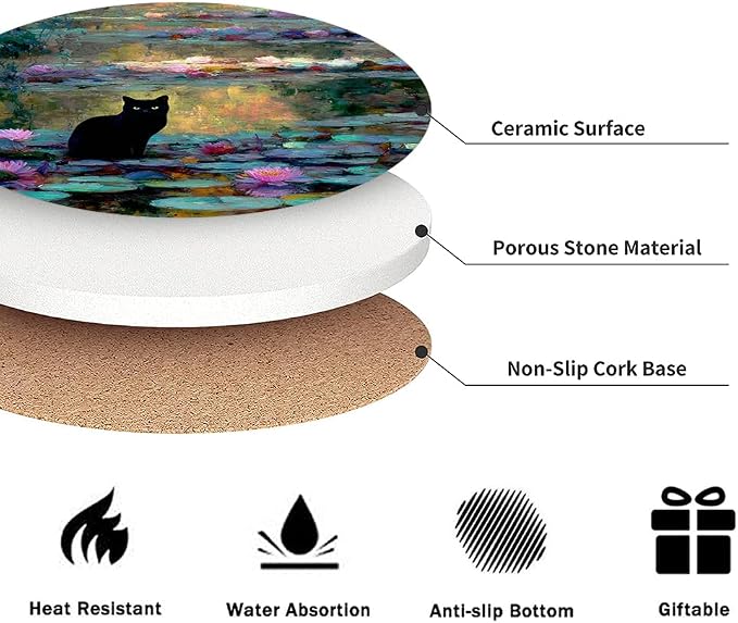 Drink Coasters for Drinks Set of 6, Water Lilies Art and Black Cat Absorbent Round Ceramic Stone Mat Coaster, with Cork Base and Metal Holder, Home Bar Decor House Warming Gift