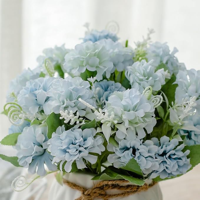 TKAS Fake Flowers Arrangement in Ceramic Vase, Artificial Faux Silk Hydrangea, Small Realistic Dried-Style Floral, Dining Table Centerpiece for Wedding Party Home Decoration (Blue)