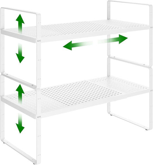 Expandable Kitchen Cabinet Shelf Organizer Rack Heavy Duty Metal Spice Rack Stackable Kitchen Counter Storage Shelf for Cabinet Pantry Bathroom (White - 16.5"-27" L x 10.2" W x 9.6" H - 2Pack)