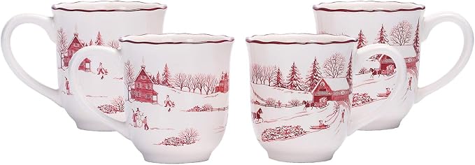 Bico Toile De Jouy Winter Wonderland Ceramic Mug Set of 4, Christmas Coffee Mugs, 16oz Holiday Cups for Tea, Cocoa, or Hot Drinks, Microwave & Dishwasher Safe