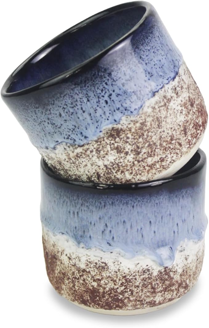 roro Handmade Ceramic Tea Cups Rustic Reactive Blue Glaze, Coastal Beach-Themed Sipper Set of 2, 200ml (6.5oz), Textured Grip, Microwave & Dishwasher Safe