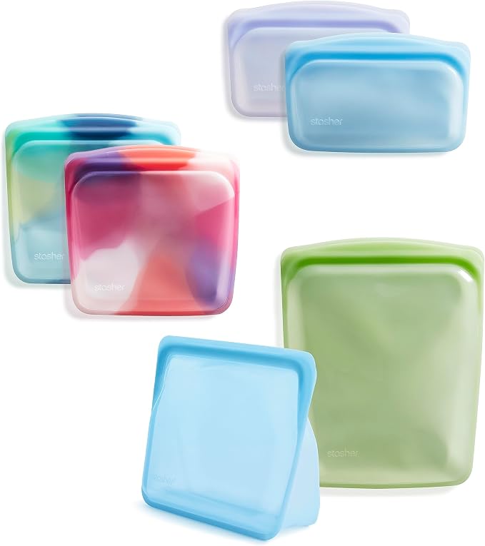 Stasher Silicone Reusable Food Storage Bags, 6-Pack, Reusable Freezer Bags, Microwave, Dishwasher, Oven Safe, Sous Vide, Premium Lunch Containers, Eco Friendly, Food-safe Silicone Snack Bag, Tie Dye