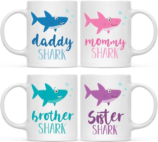 Andaz Press Baby Shark Family 11oz. Coffee Mug Gift Set, Mommy Daddy Brother Sister Shark, 4-Pack, Shark Do Do Do Gift Idea Birthday Christmas Gifts for Mother's Father's Day