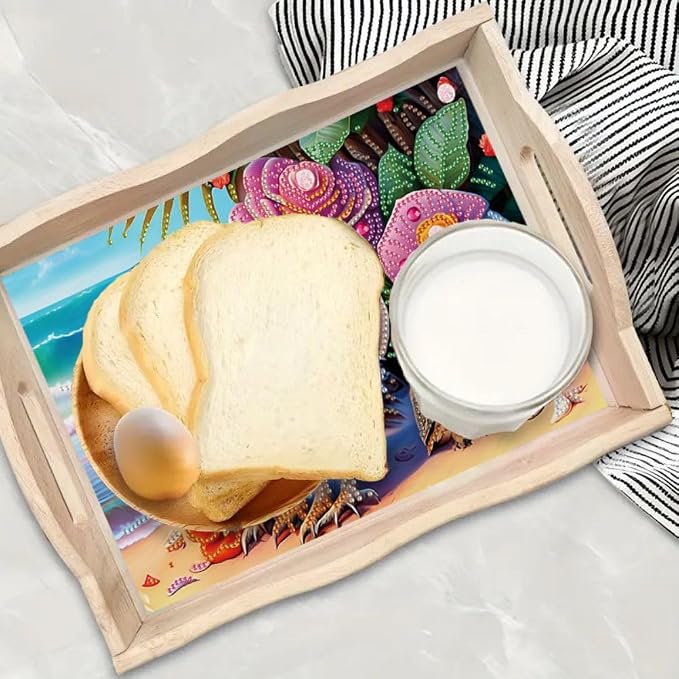 DIY Diamond Serving Tray Rectangular Breakfast Tray with Handle Handmade Diamond Art Painting Wooden Tray for Dinner Plate Coffee Room Living Home Organizer-Owl03