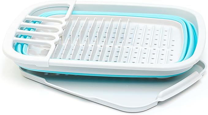 SAMMART 8L (2.11Gallons) Collapsible Plastic Dish Drainer with Drainer Board - Foldable Drying Rack Set - Portable Dinnerware Organizer - Space Saving Kitchen Storage Tray (Grey/Cyanine, 1)