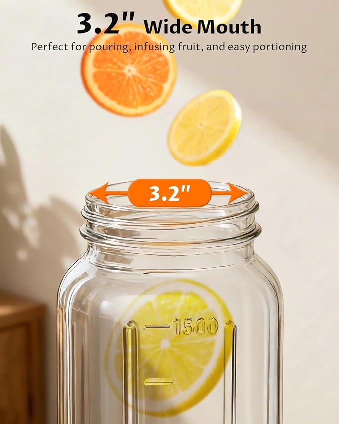 Glass Pitcher with Airtight Lid and Spout, 64oz Mason Jar Pitcher - Wide Mouth, Leakproof Water Jug for Juice, Sun Iced Tea, Cold Brew Coffee, Milk Storage, Orange