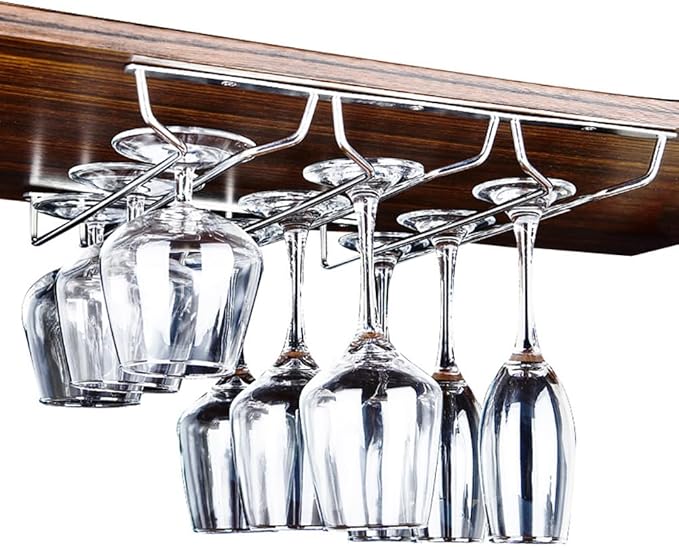 CAKERS Under Cabinet Hanging Stemware Display Rack|304 Stainless Steel Wine Glass Holder|Wine Glass Storage Organizer Hanger,3 Rows,27cm(10.6in)