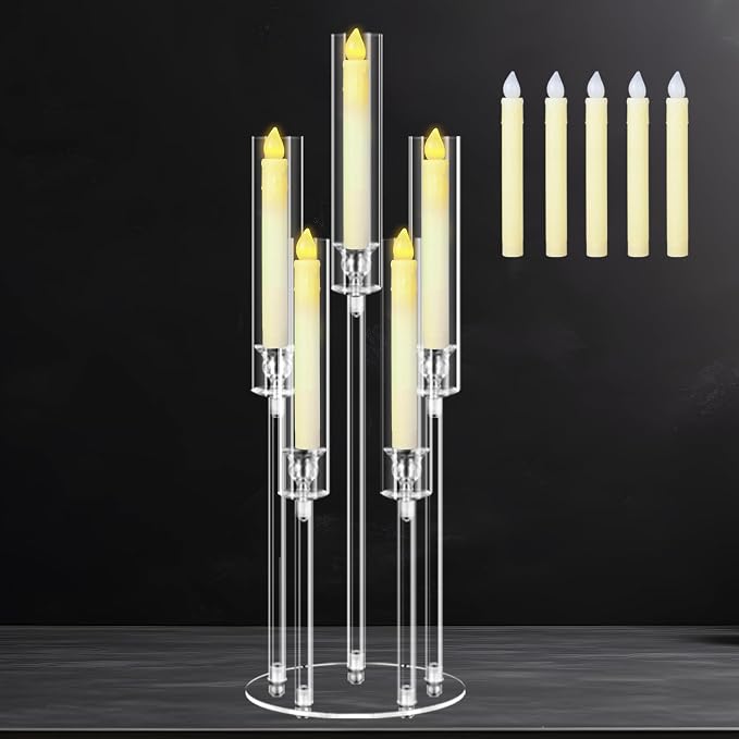 5 Arms Acrylic Candelabra Centerpieces for Tables, 27" Clear Candle Holder for Wedding Dinner Party and Home Decor,Candlesticks Holder with LED Candles