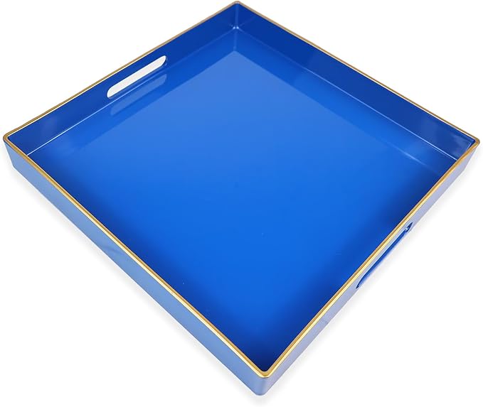 Spsyrine Blue Decorative Tray for Living Room, Square Modern Plastic Coffee Serving Table Tray for Ottoman Bathroom Kitchen,13"*13"