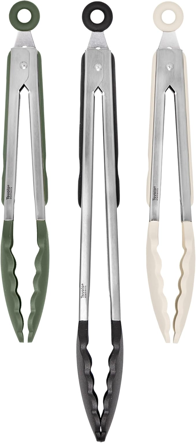 Tovolo Stainless Steel Tongs with Silicone Tip 9” 9” 12 Inch Oatmeal Thyme Green Black Heat Resistant Kitchen Tongs for Cooking Grilling Air Fryer, Stainless Steel Dishwasher Safe Metal Tong Set of 3