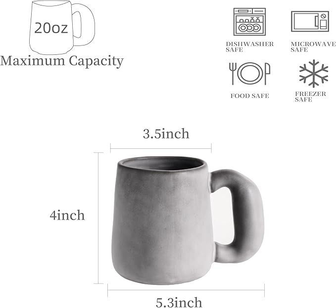 Uaral Ceramic Large Coffee Mugs,Pottery Coffee Mug Set with jumbo handle,Handmade mugs for Coffee,Latte,Milk,Cocoa or Tea,20oz,Set of 2(Dark Gray)