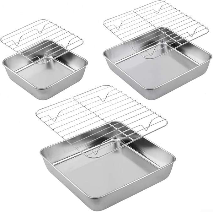 for premium Stainless Steel Baking Pan Set with Cooling Rack, for versatile Oven Tray for Roasting Meat Veggies, Silvery Dishwasher Safe Kitchenware(20CM)