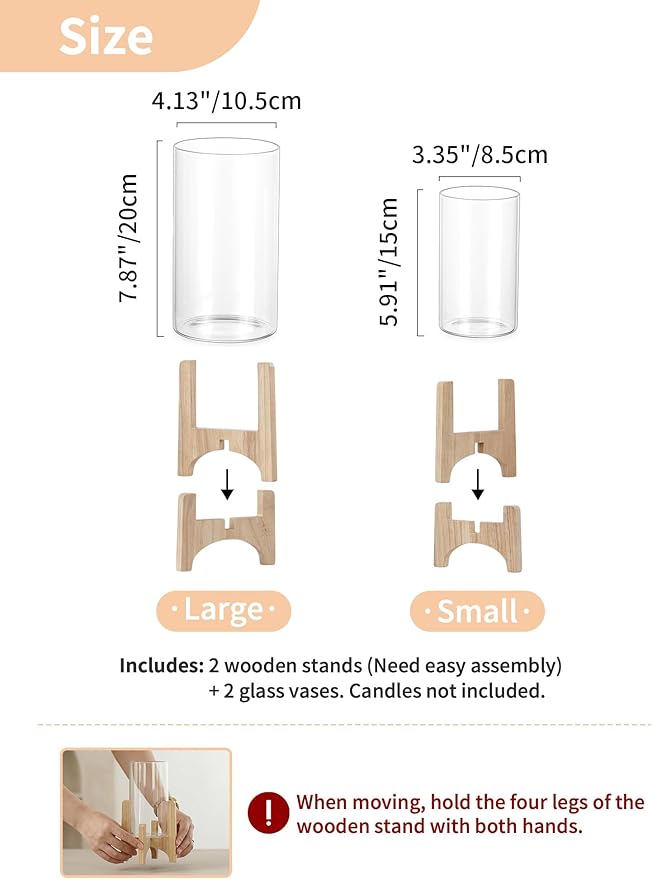 NUPTIO Hurricane Glass Candle Holders: Set of 2 Pillar Candle Holders with Wooden Stands - Mid Century Organic Modern Vases for Dining Table Centerpieces Decor