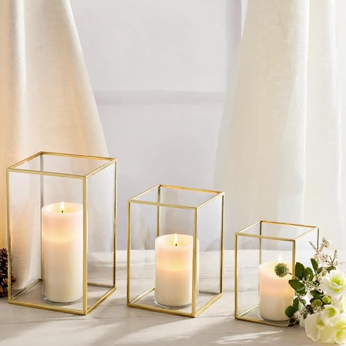 Koyal Wholesale Gold Geometric Candle Holders Set of 3, Glass Terrarium Centerpieces for Wedding Table Decor, Home Decor, and Events — Modern Gold and Glass Lanterns for Candles, Flowers, or Plants