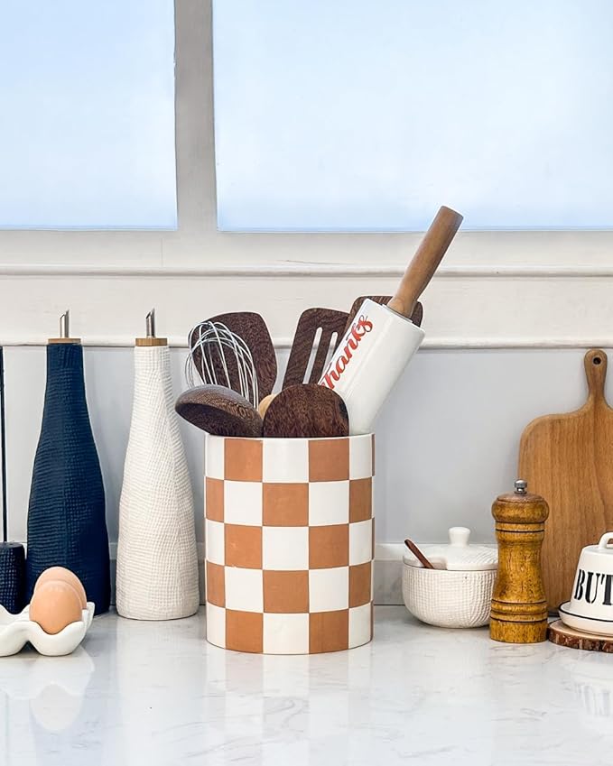 Utensil Holder，7.2 Inch Checkered Utensil Holder, Ceramic Cooking Utensil Spoon/Spatula Holder for Countertop, Kitchen Decor and Accessories for counte(Brown)