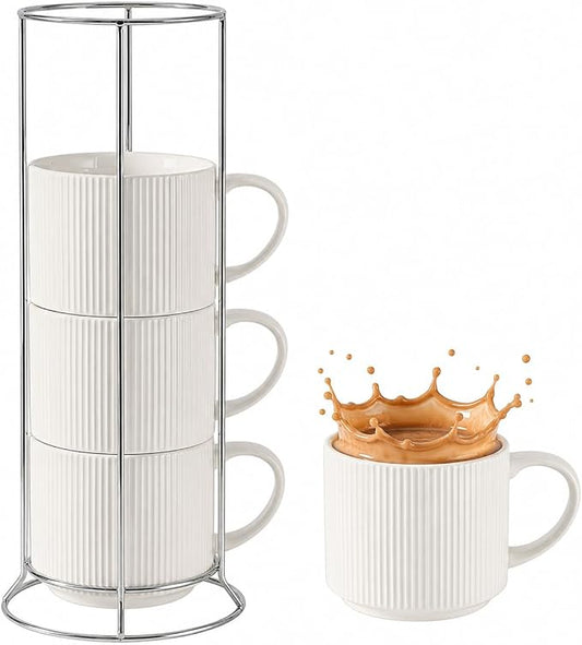 HASENSE 15oz Coffee mugs Set of 4, Ceramic Stackable Coffee Mug with Stainless Steel Rack, Porcelain Coffee Cups with Handle for Latte,Cocoa, Cold & Hot - Easy to Take Out - Vertical Striped,White