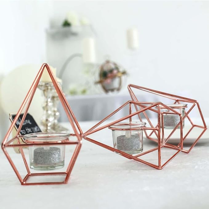 Efavormart 16.5" Rose Gold Geometric Candle Holder Set 3 Metal Geometric Centerpieces Joint Together Votive Glass Holders