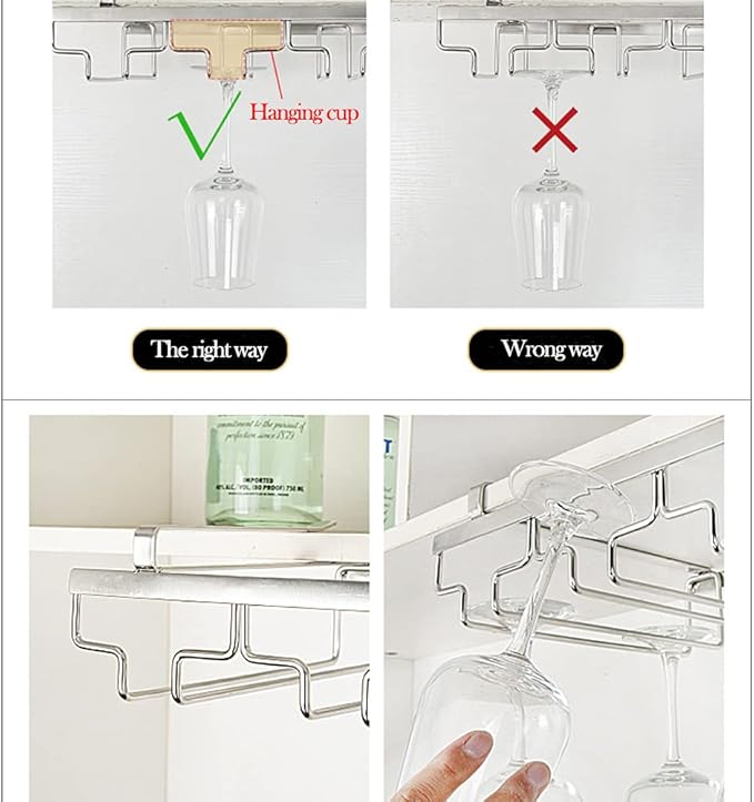 Hanging Wine Glass Rack, Nails-Free Under Cabinet Stemware Rack, Stainless Steel Glasses Storage Hanger for Home Kitchen Bar (4 Slots 8-12 Cups)