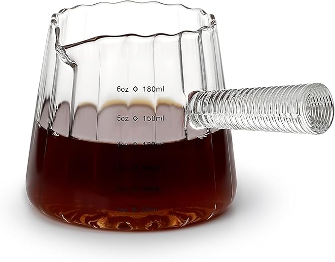 Koythin Glass Measuring Cups, Ribbed Espresso Shots Cup for Latte Cappuccino Milk, Minimalist Espresso Cups with V-Shaped Spout, Cute Coffee Bar Accessories with Glass Handle, 3 oz/180 ml (Tapered)