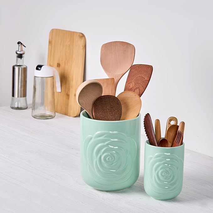Large Utensil Holder Set of 2, 7.5"+ 5.5" - Ceramic Rose Kitchen Countertop Utensil Crock for Spatulas, Spoons & Cooking Tools, Farmhouse Kitchen Counter Decor, Green