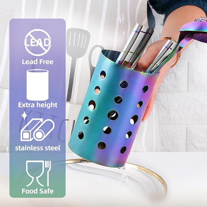 QRU Kitchen Utensil Holder for Countertop (H6.7” x W4.1”), Stainless Steel Cooking Utensil Caddy for Tools, Spatulas, Spoons, Silverware & More, Cooking Utensil Organizer, Kitchen Decor (Black)