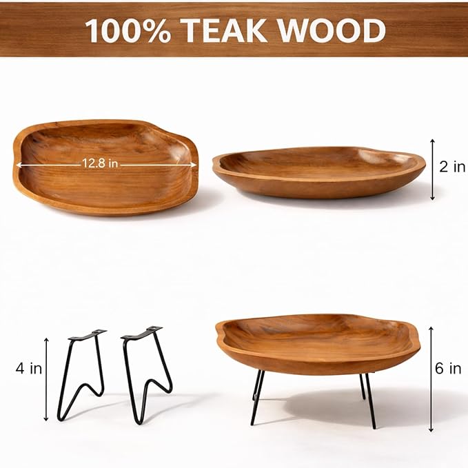 Teak Wood Multi-Purpose Catchall Tray – 12.8" Live Edge Decorative Organizer for Keys, Jewelry & Coffee Table Decor