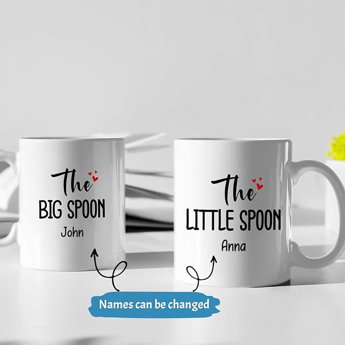 Personalized Couple Coffee Mugs Set Design For Couple, Set Of 2, Custom Name Couple Mug, Big Spoon Little Spoon Couples Coffee Cup Gifts For Anniversary, Love Gifts, Couple Cup, White 11oz 15oz