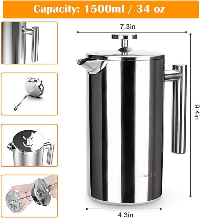 LANTE French Press Coffee Maker, 1.5L Double Insulated 304 Stainless Steel Tea Maker 4 Level Filtration System, No Coffee Grounds, Rust-Free, Dishwasher Safe 50oz Coffee Press for Family Party
