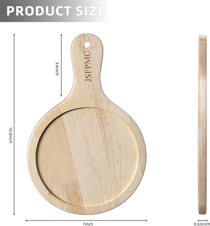 Rubber Wood Board with Handle, Round Serving Board, Dining Board, Chopping Board for Meat, Cheese Board, Vegetables, Bread, Charcuterie, Small 10.6"x7"x0.6"
