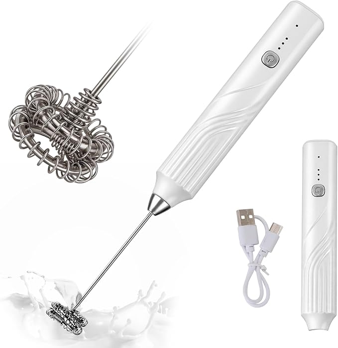 Milk Frother Handheld, Rechargeable Coffee Frother Wand with 3 Speeds, Electric Foam Maker Drink Mixer for Lattes Cappuccino Matcha Eggs, Hand Mixer for Hot/Cold Milk,White