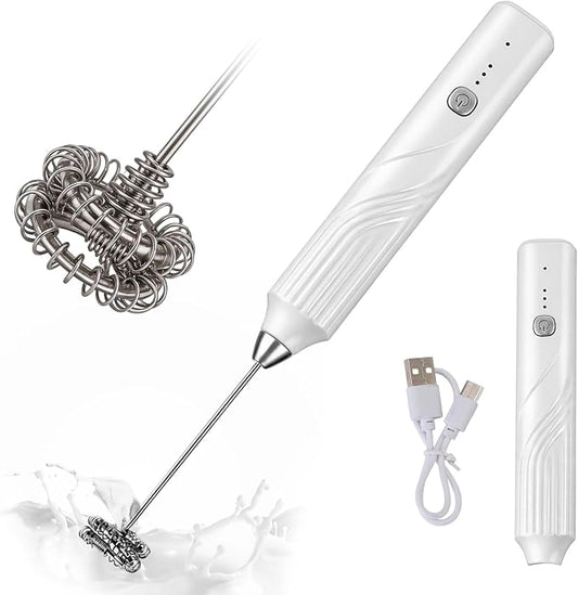 Milk Frother Handheld, Rechargeable Coffee Frother Wand with 3 Speeds, Electric Foam Maker Drink Mixer for Lattes Cappuccino Matcha Eggs, Hand Mixer for Hot/Cold Milk,White
