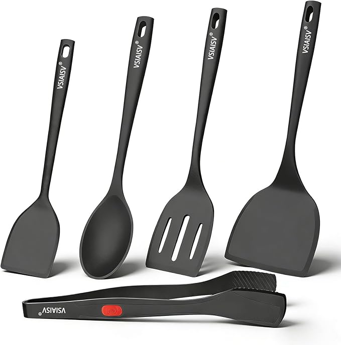 5 Pack Silicone Kitchen Cooking Utensils Set - Spatula, Turner, Tongs & Spoons for Nonstick Cookware, 600°F Heat Resistant, Non Toxic, Dishwasher Safe