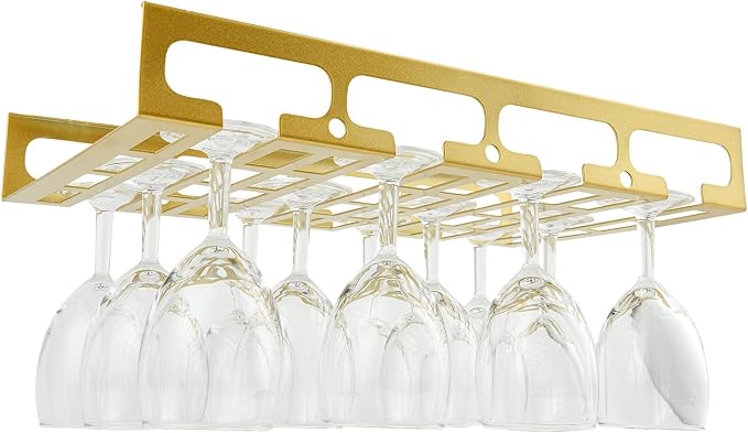 41cm/16in Modern Metal Wine Glass Holder - Under Cabinet Stemware Hanging Rack - Wine Glass Storage Organizer Rack, 4 Row (Color : Gold)