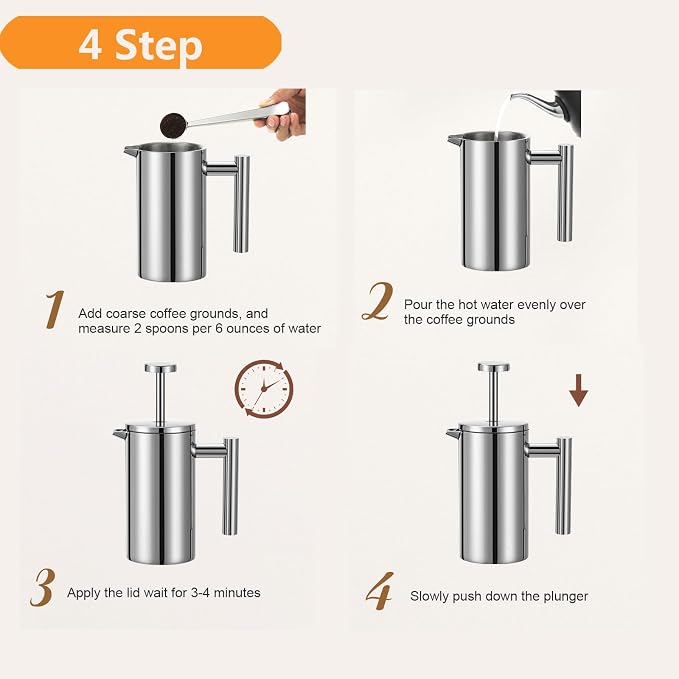 Small French Press 350ml Coffee Maker, Double-Wall Insulated French Press Coffee Press Stainless Steel, Included 2 Extra Fliters and 1 Coffee Spoon (1 cup, 12 OZ)