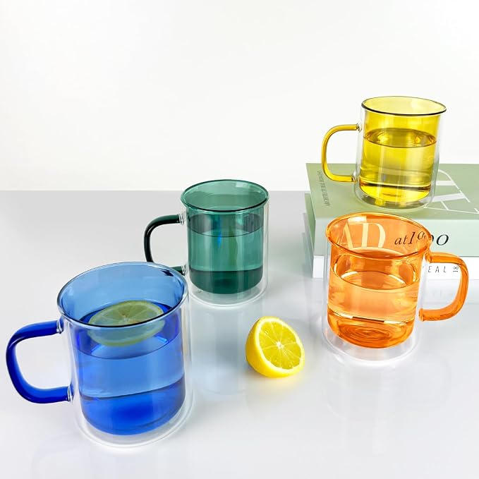Cloudnola 12.85oz Double Wall Insulated Mugs, High Heat Borosilicate Glass, Set of 4, Multicolored Set, for Coffee, Latte, Tea, Cappucino, Hot Chocolate