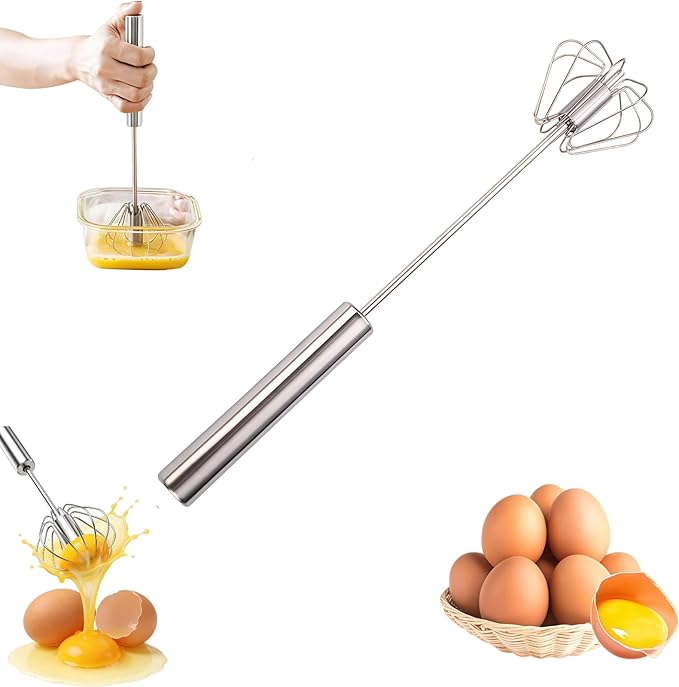 Stainless Steel Semi-Automatic Whisk, New Stainless Steel Egg Whisk Hand Push Spinning Whisk, Versatile Egg Whisk Stirrer Tool for Making Cream, Whisking (Silver, 10inch)