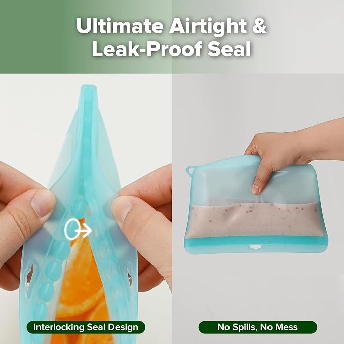 Haakaa Dot Seal Reusable Silicone Food Storage Bags, 2 Pack- Silicone Leakproof Freezer & Sandwich Snack Bags, BPA Free Food Containers, Microwave & Dishwasher Safe, Turquoise (50oz+16oz）