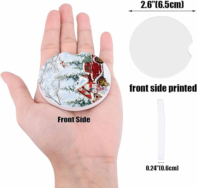 Car Coasters for Cup Holders 2.6"Dia Absorbent Coasters Set of 6 Car Interior Accessories for Women Men Ceramic Car Coaster for Drinks with Finger Grooves,Christmas Winter Snowflakes Snowman Truck Red