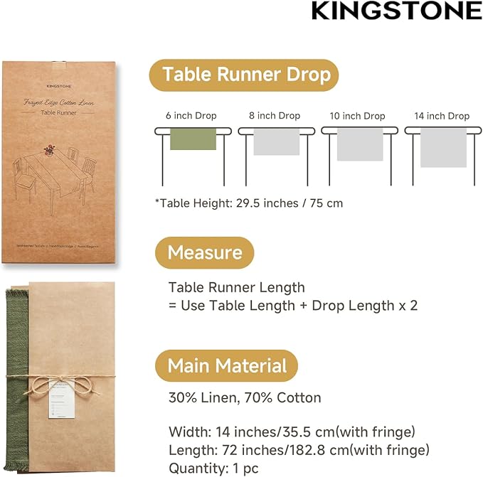 KINGSTONE 14 x 72 Inches Frayed Edge Table Runner, 270G Heavyweight Sand Washed Slub Texture Cotton Linen for Modern Farmhouse, Rustic Home Decorations Dining Room Wedding Boho Decor, Moss Green