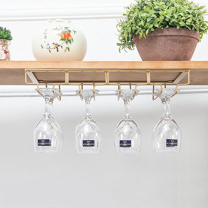 Under Cabinet Hanging Stemware Rack, Metal Wine Glass Holder Under Shelf for Cabinet Kitchen Bar Glasses Storage Hanger (Gold, 4 Rows)