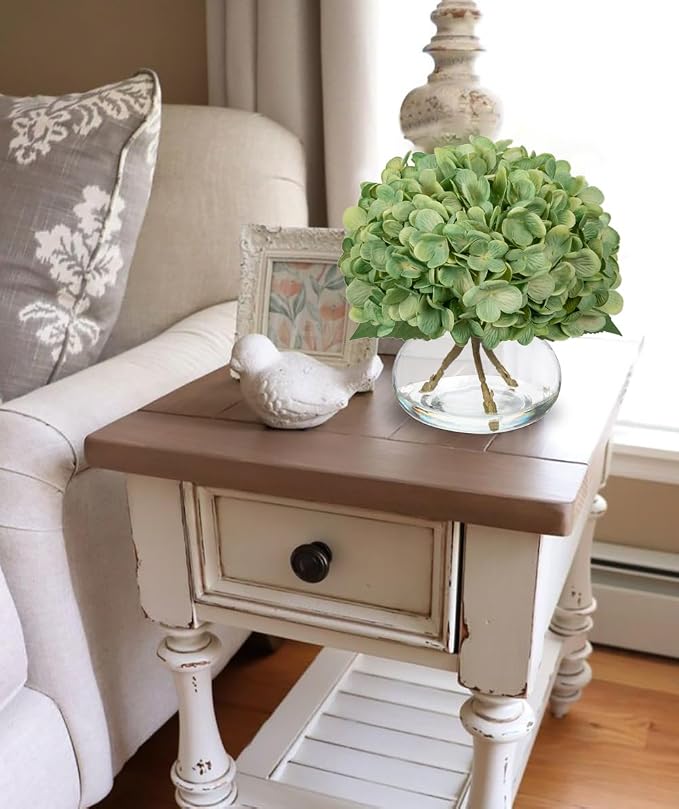 Hollyone Dark Green Hydrangea Artificial Flowers with Glass Vase Silk Faux Flowers Arrangements in Vase with Faux Water Fake Floral Bulk Bouquet for Home Decor Table Centerpiece Decorations