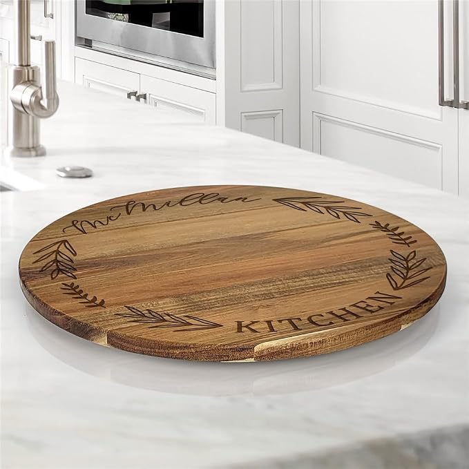 Engraved Family Name and Leaves Personalized Lazy Susan, 16" Rotating Tray Brown