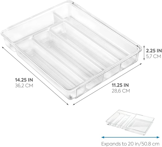 iDesign Linus Expandable Kitchen Drawer Organizer for Silverware, Spatulas, Gadgets - Clear