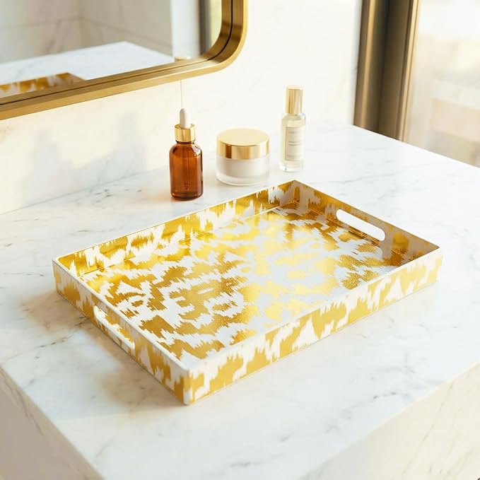 White & Gold Glitter Abstract Serving Tray with Handles, 15.8”x11.7”x1.6” Rectangular Decor Tray – Multipurpose for Breakfast in Bed, Bathroom Vanity, Living Room & Entertaining