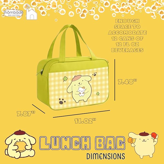 Lunch Bag Cooler Tote Large Insulated Kawaii Leak Proof Food Portable Waterproof Reusable Anime for Work Picnic Travel (Yellow Pom Pom)